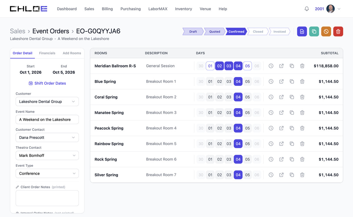 An Event Order in Chloe, showing the status stepper, room line items and order financials.